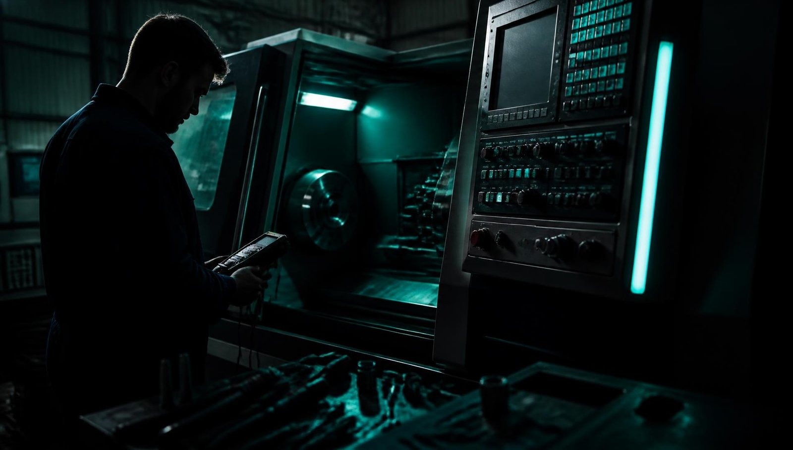 Técnico da SMI operando o painel de comando de uma máquina CNC